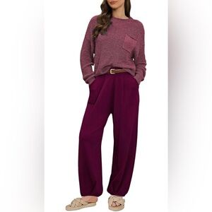 Pink Queen 2 Piece Knit Sweater Set: Knit Pullover Top and High Waisted Pants